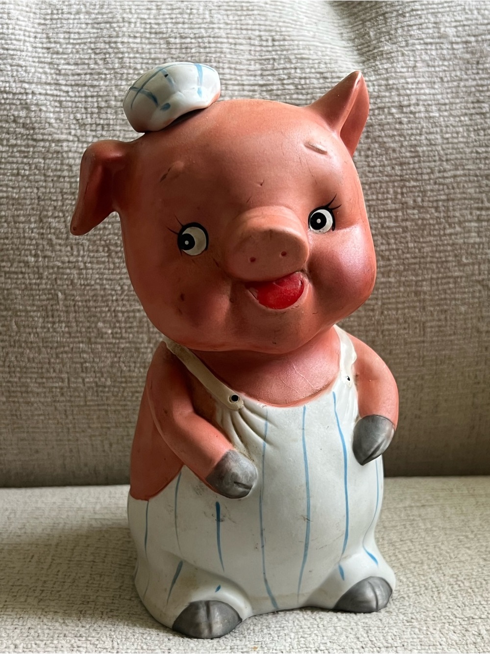 Vintage Ceramic Pig Bank in Pink with White Pinstripe Overalls 60s